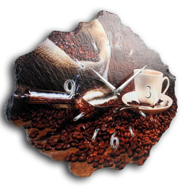 Kaffee Design-Wanduhr aus Steinguss mit leisem Uhrwerk