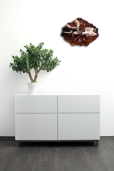 Kaffee Design-Wanduhr aus Steinguss mit leisem Uhrwerk