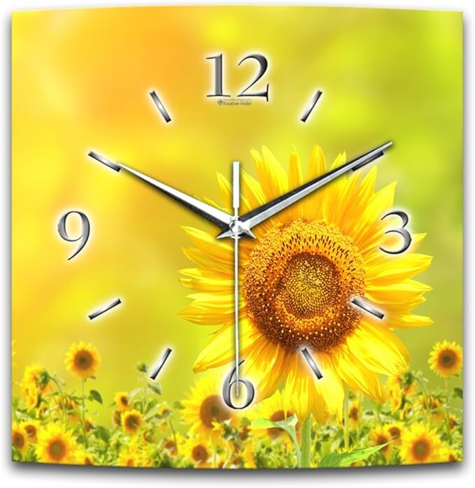 Sonnenblume Designer-Wanduhr mit leisem Uhrwerk aus Alu