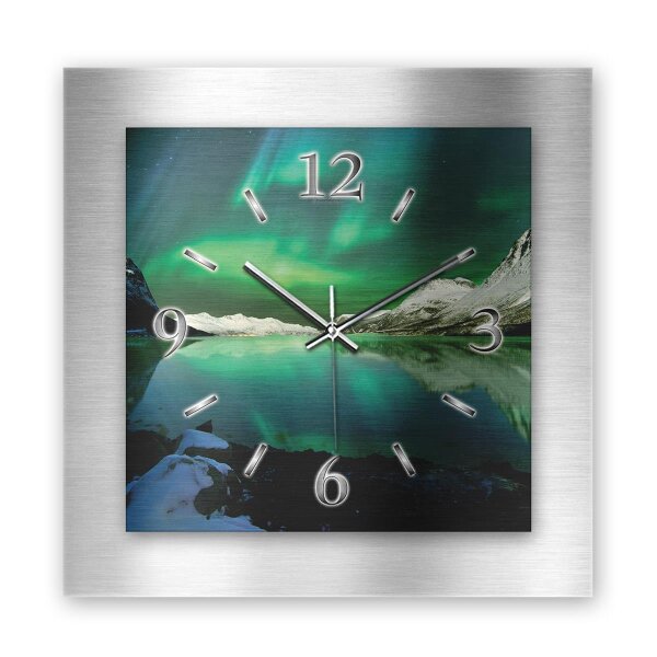 Nordlichter – 3D Design-Wanduhr mit silbernem...
