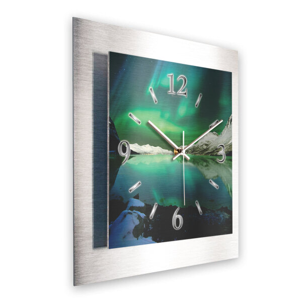 Nordlichter – 3D Design-Wanduhr mit silbernem...