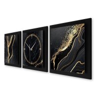 3-teilige Designer-Wanduhr „Gold & Black Marble“ in modernem Metallic-Look | B-Ware