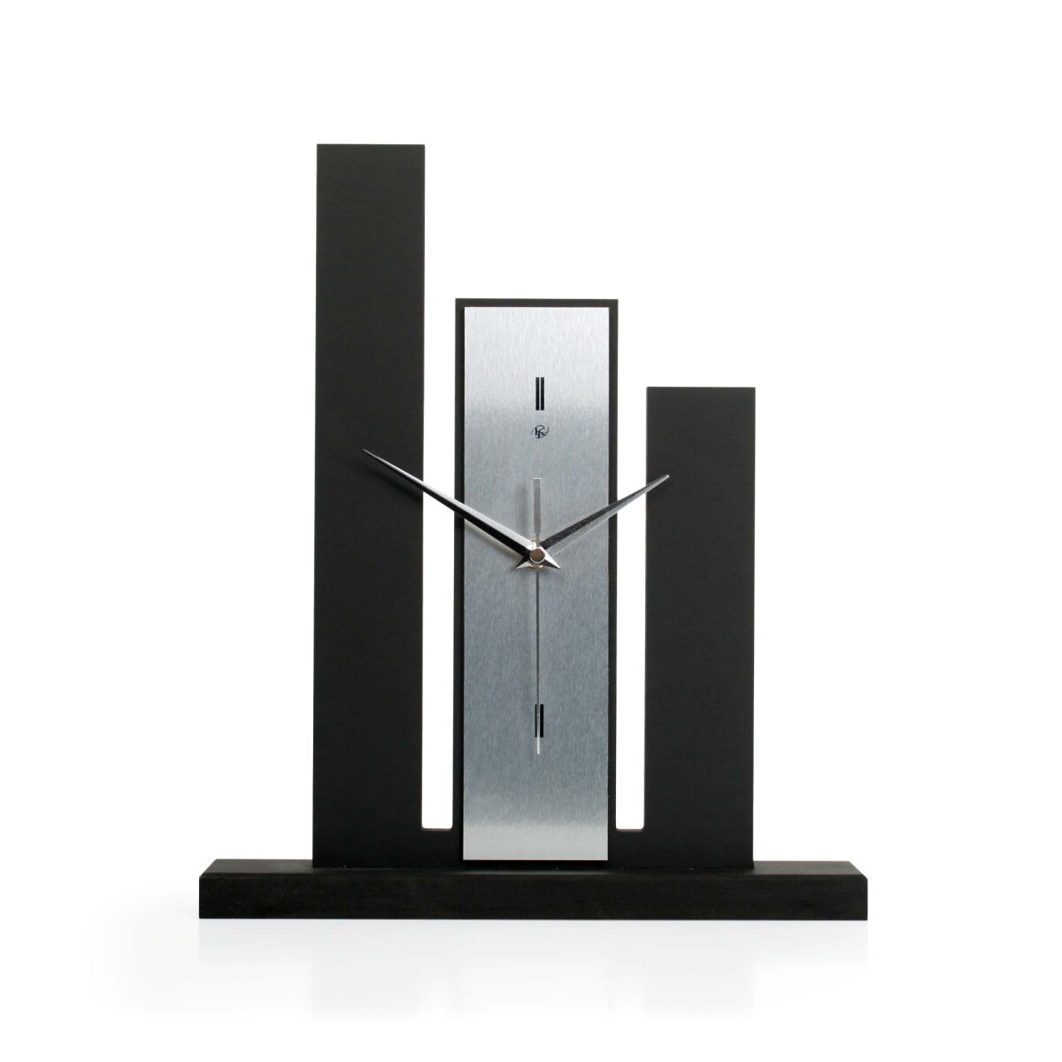 Designer-Standuhr „Stairs“ aus Holz – schwarze Tischuhr in modernem Metallic-Look ohne Ticken