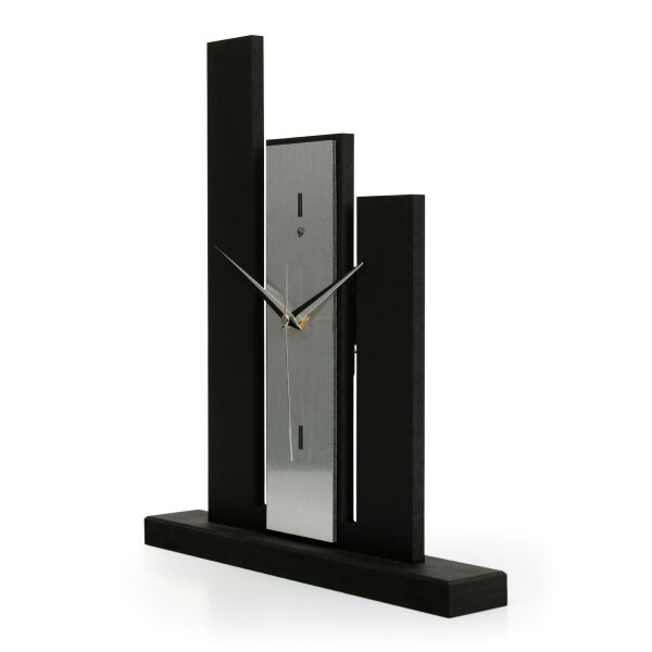 Designer-Standuhr „Stairs“ aus Holz – schwarze Tischuhr in modernem Metallic-Look ohne Ticken