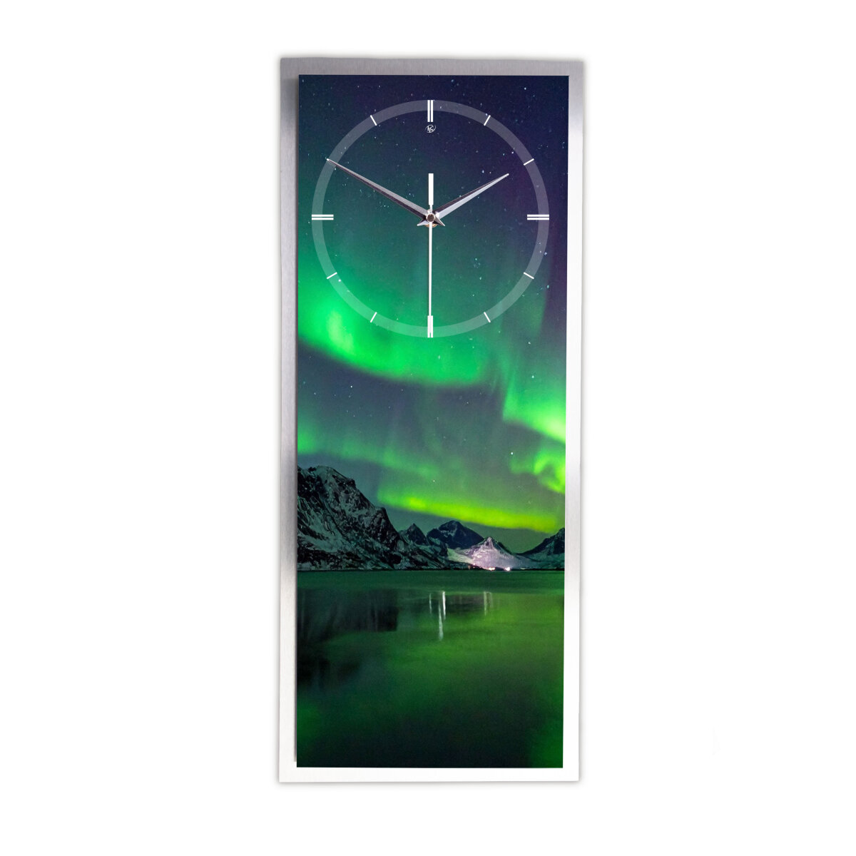 Polarlichter – 3D Design-Wanduhr mit silbernem Alu-Rahmen