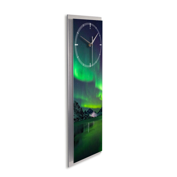 Polarlichter – 3D Design-Wanduhr mit silbernem Alu-Rahmen