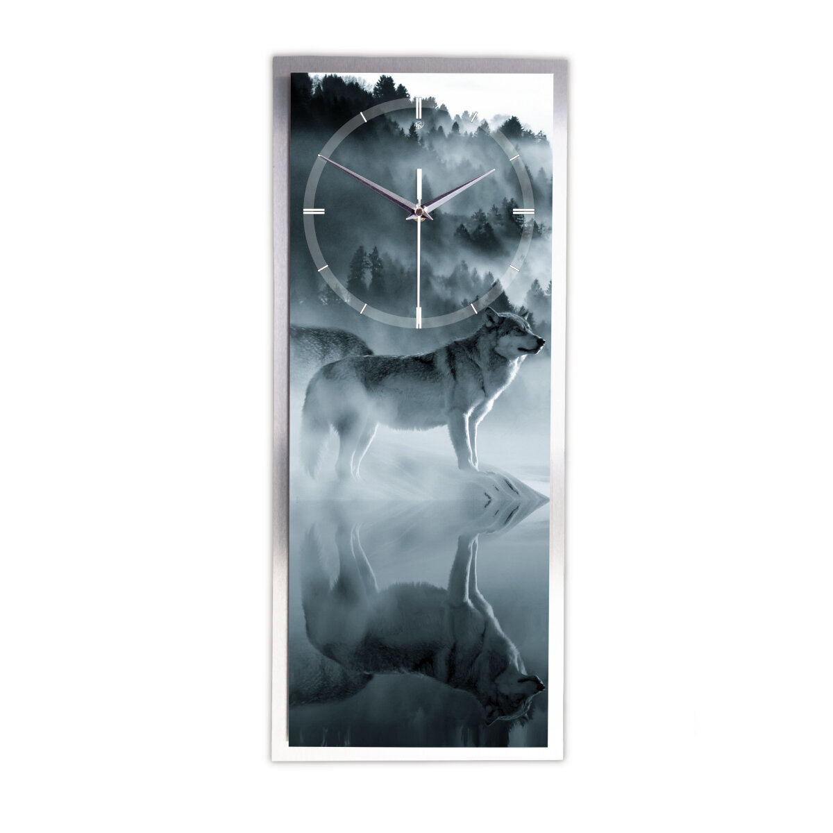 Wolf – 3D Design-Wanduhr mit silbernem Alu-Rahmen