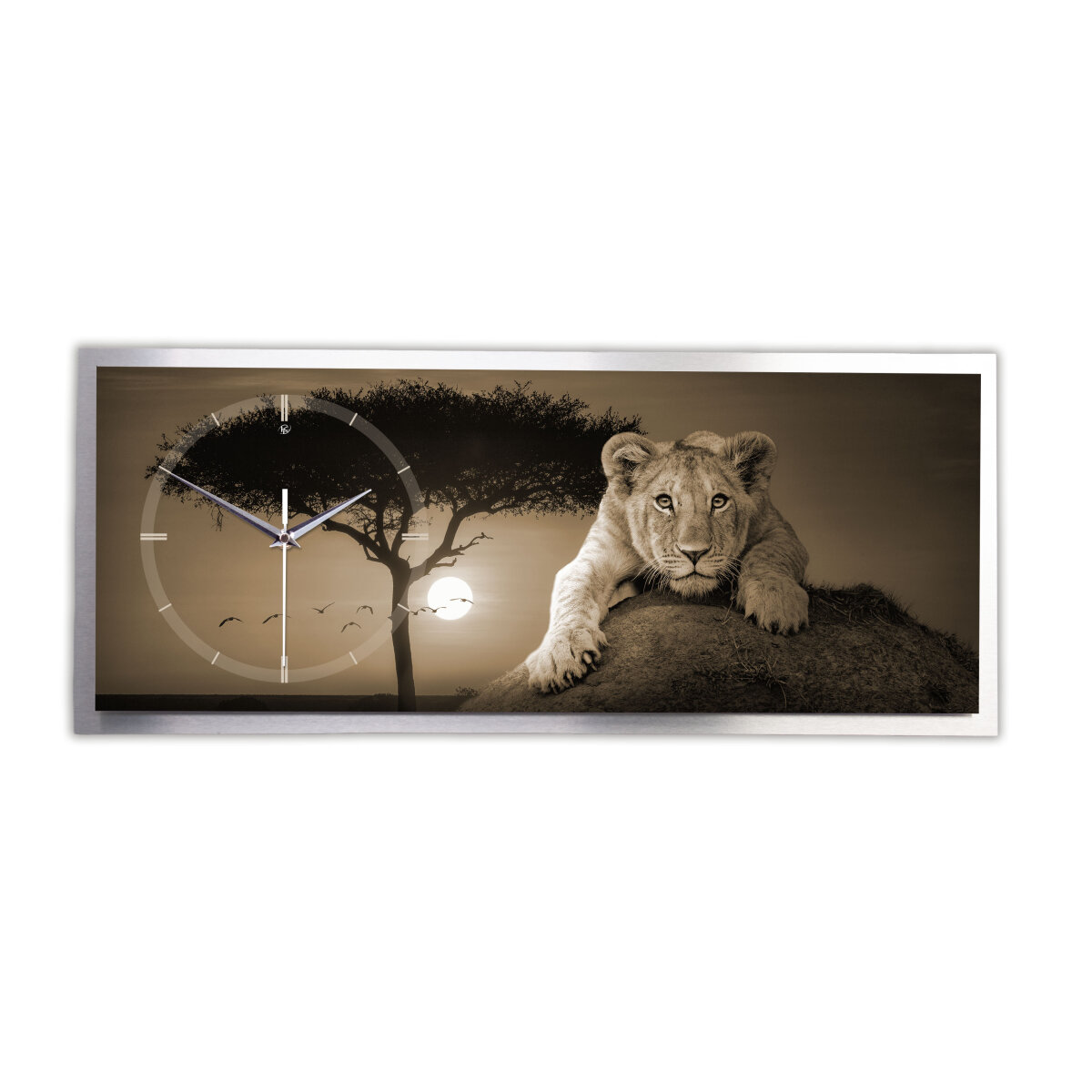 Löwe – 3D Design-Wanduhr mit silbernem Alu-Rahmen
