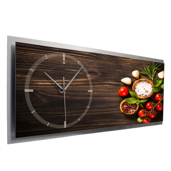 Kräuter Tomaten – 3D Design-Wanduhr mit silbernem Alu-Rahmen
