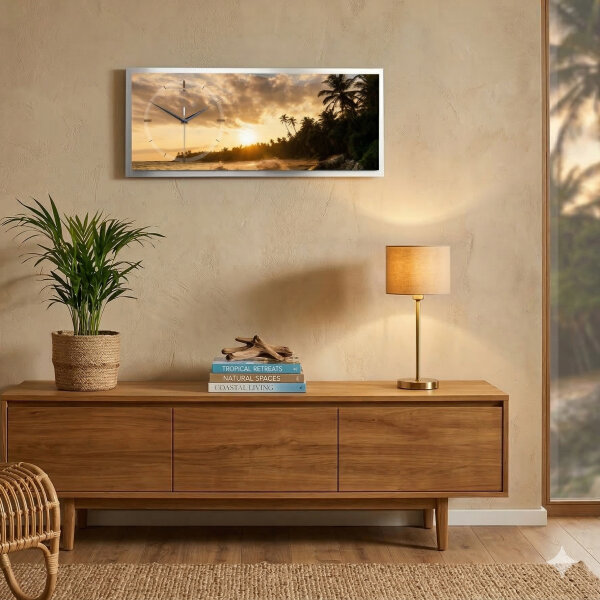 Beach – 3D Design-Wanduhr mit silbernem Alu-Rahmen