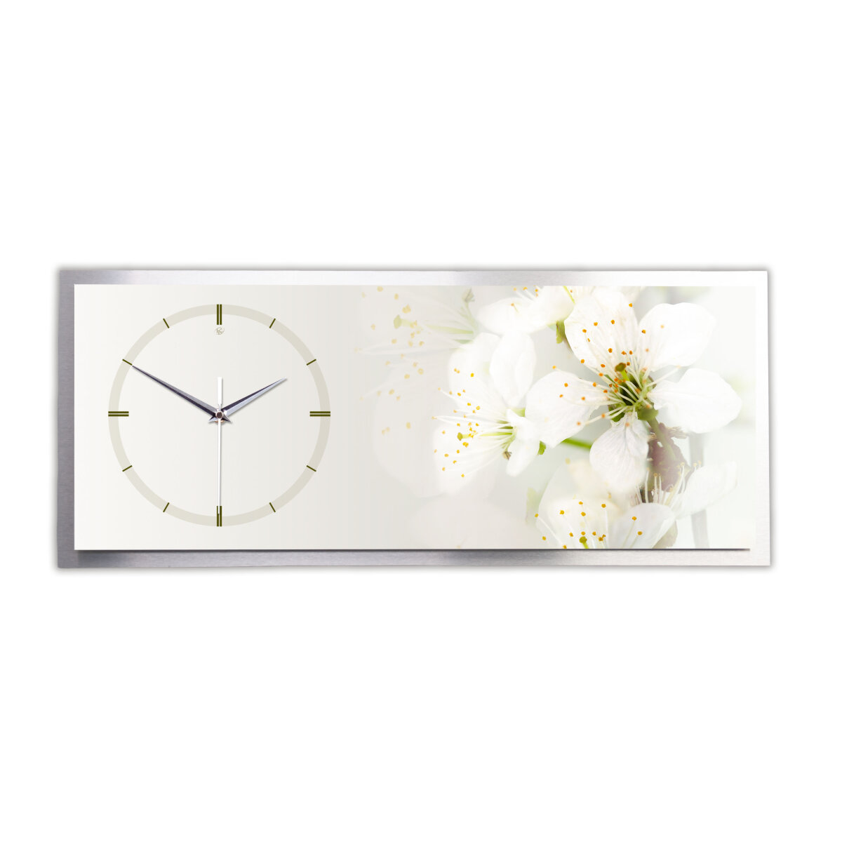 White Flower – 3D Design-Wanduhr mit silbernem Alu-Rahmen