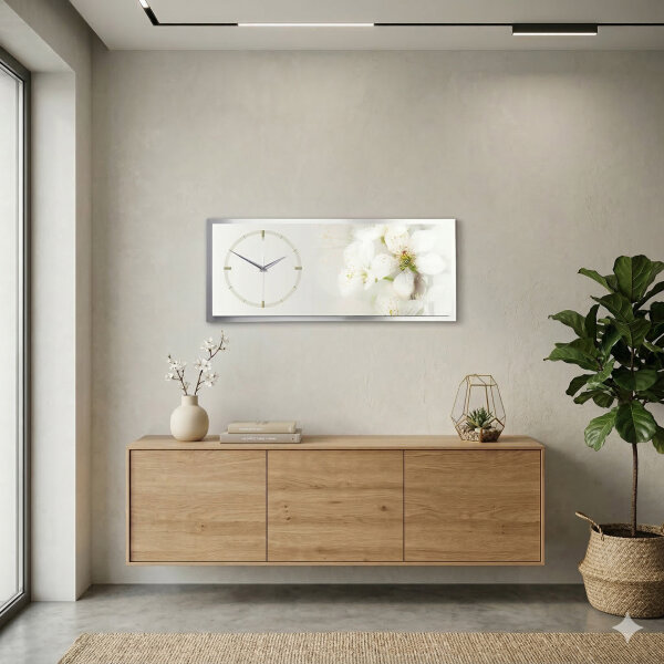White Flower – 3D Design-Wanduhr mit silbernem Alu-Rahmen