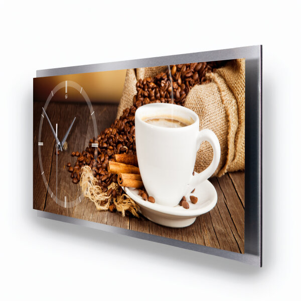 Kaffee – 3D Design-Wanduhr mit silbernem Alu-Rahmen