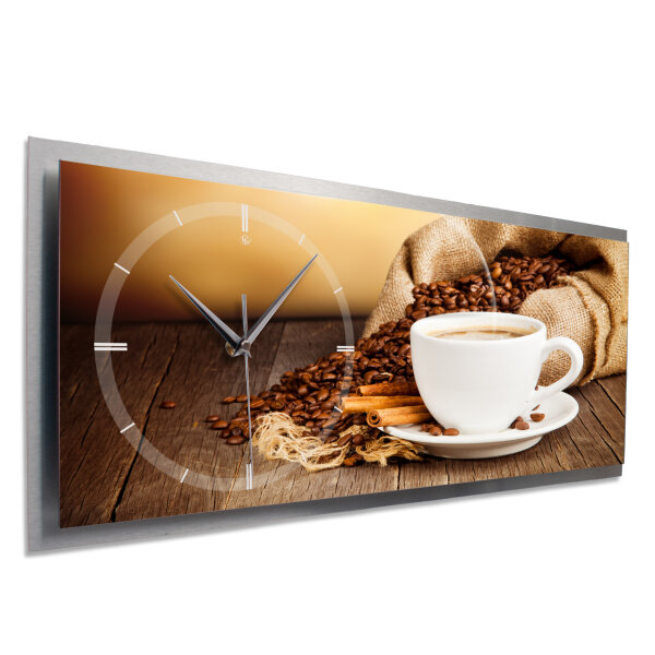 Kaffee – 3D Design-Wanduhr mit silbernem Alu-Rahmen