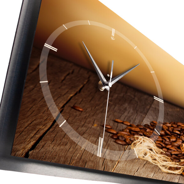 Kaffee – 3D Design-Wanduhr mit silbernem Alu-Rahmen