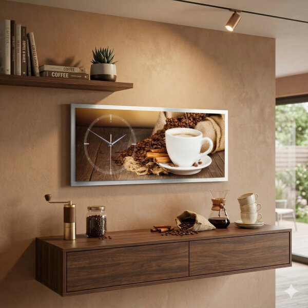 Kaffee – 3D Design-Wanduhr mit silbernem Alu-Rahmen