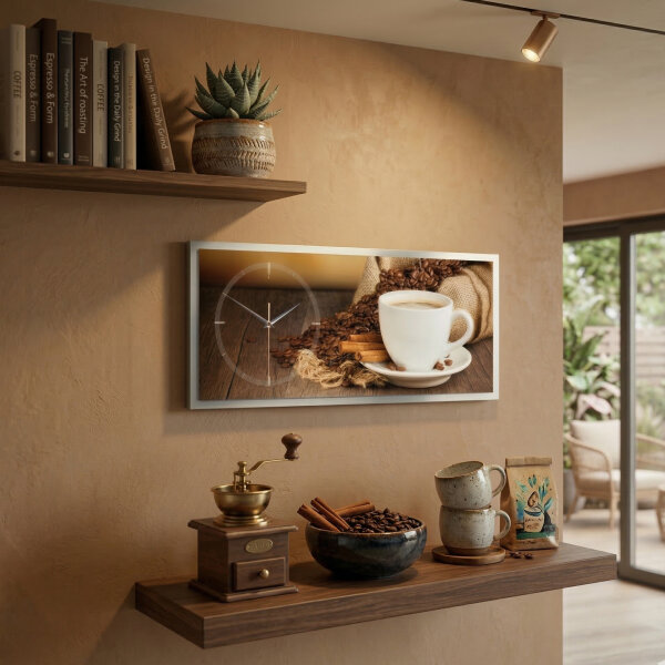 Kaffee – 3D Design-Wanduhr mit silbernem Alu-Rahmen