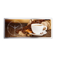 Kaffee – 3D Design-Wanduhr mit silbernem Alu-Rahmen