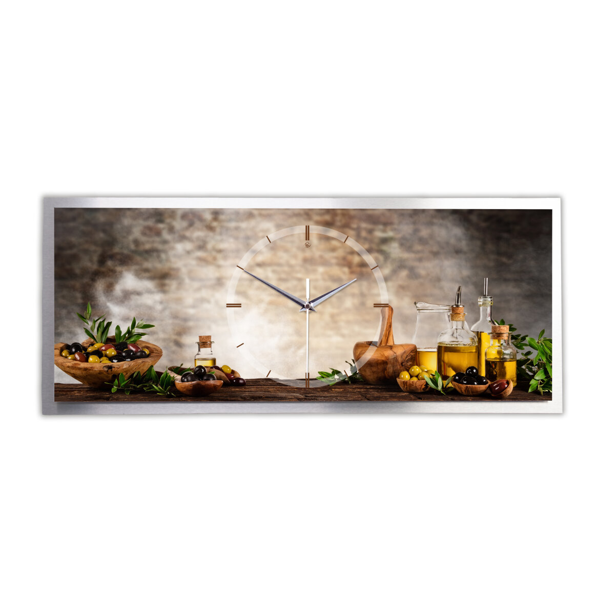 Kräuter Öl – 3D Design-Wanduhr mit silbernem Alu-Rahmen