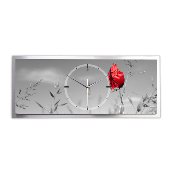 Mohnblume – 3D Design-Wanduhr mit silbernem Alu-Rahmen