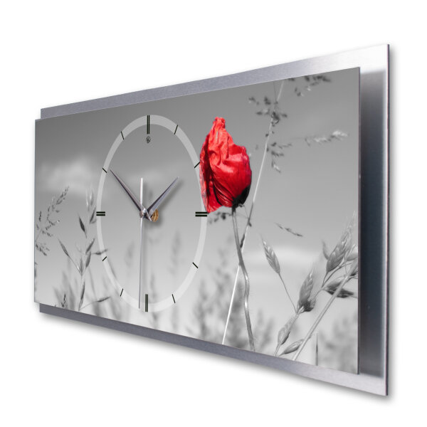 Mohnblume – 3D Design-Wanduhr mit silbernem Alu-Rahmen