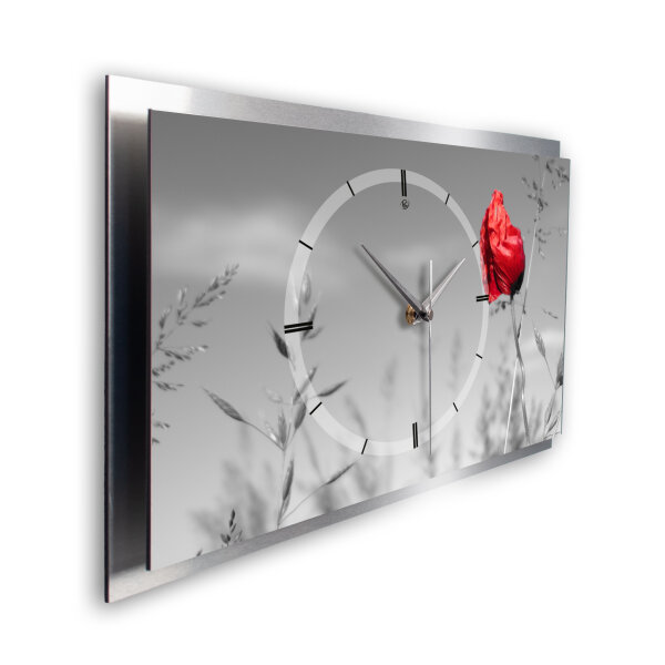 Mohnblume – 3D Design-Wanduhr mit silbernem Alu-Rahmen