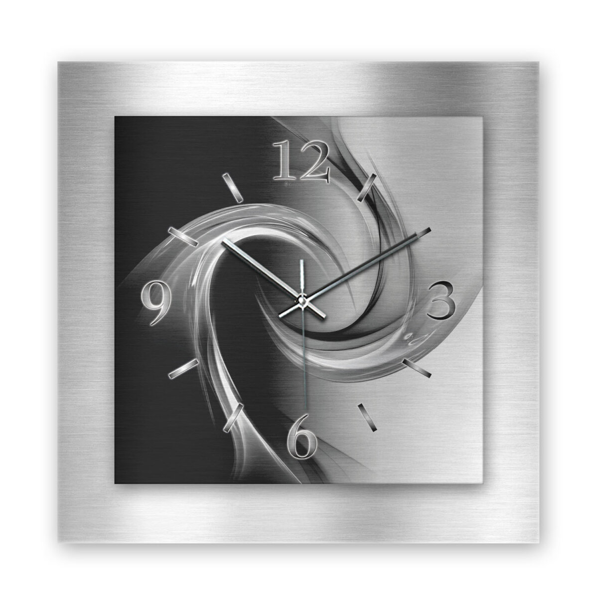 Abstrakt Schwarz Weiß – 3D Design-Wanduhr mit silbernem Alu-Rahmen