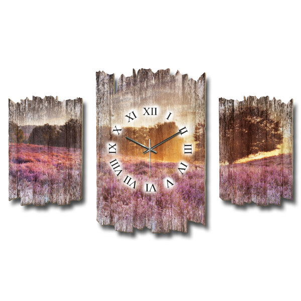 Lavendelfeld Shabby chic Dreiteilige Wanduhr aus MDF mit...