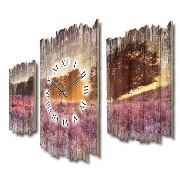 Lavendelfeld Shabby chic Dreiteilige Wanduhr aus MDF mit leisem Uhrwerk