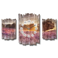 Lavendelfeld Shabby chic Dreiteilige Wanduhr aus MDF mit leisem Uhrwerk