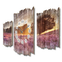 Lavendelfeld Shabby chic Dreiteilige Wanduhr aus MDF mit leisem Uhrwerk