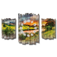 Abends am Fluss Shabby chic Dreiteilige Wanduhr aus MDF mit leisem Uhrwerk