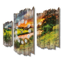Abends am Fluss Shabby chic Dreiteilige Wanduhr aus MDF mit leisem Uhrwerk