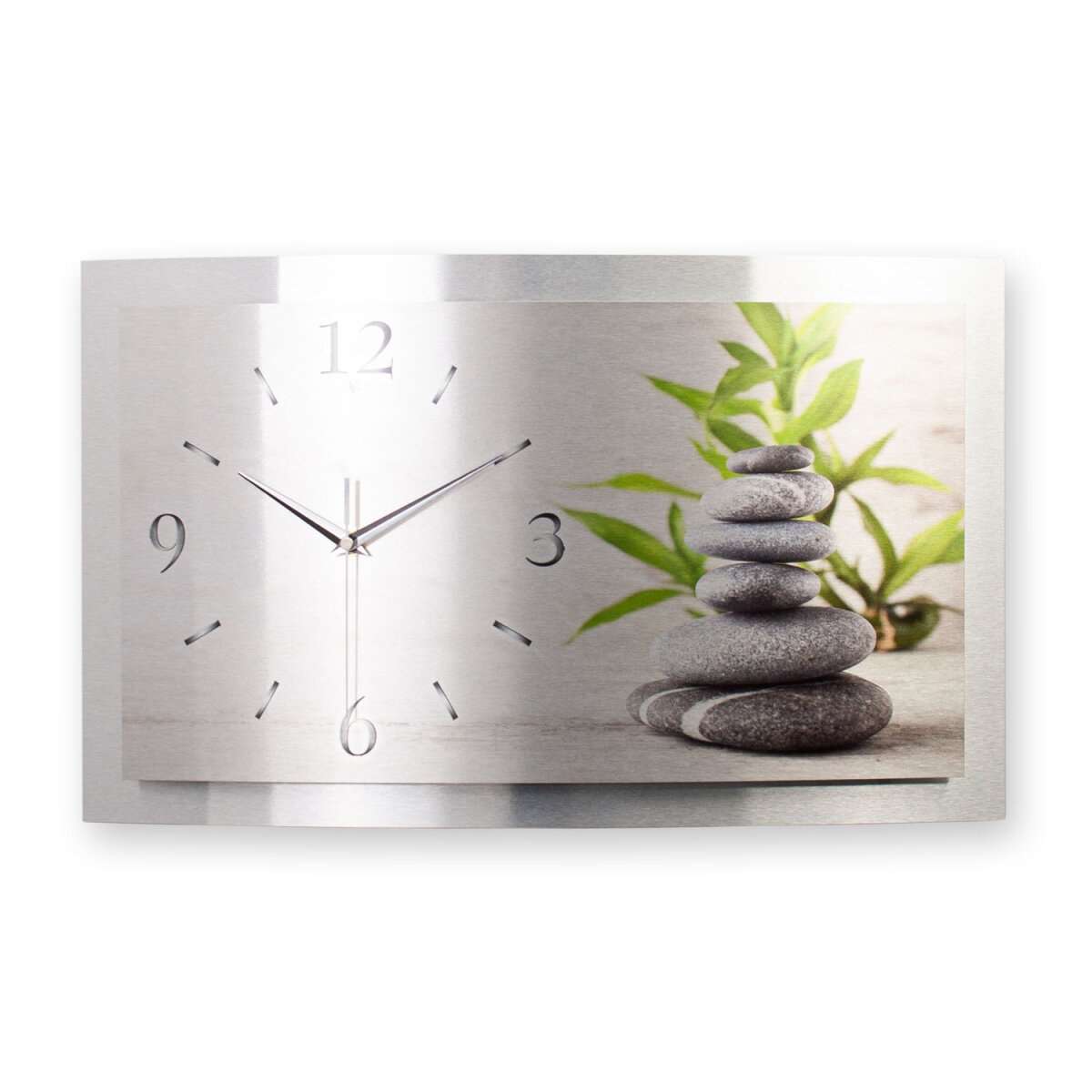 Relax – gewölbte 3D-Metallic-Wanduhr mit silbernem Alu-Rahmen