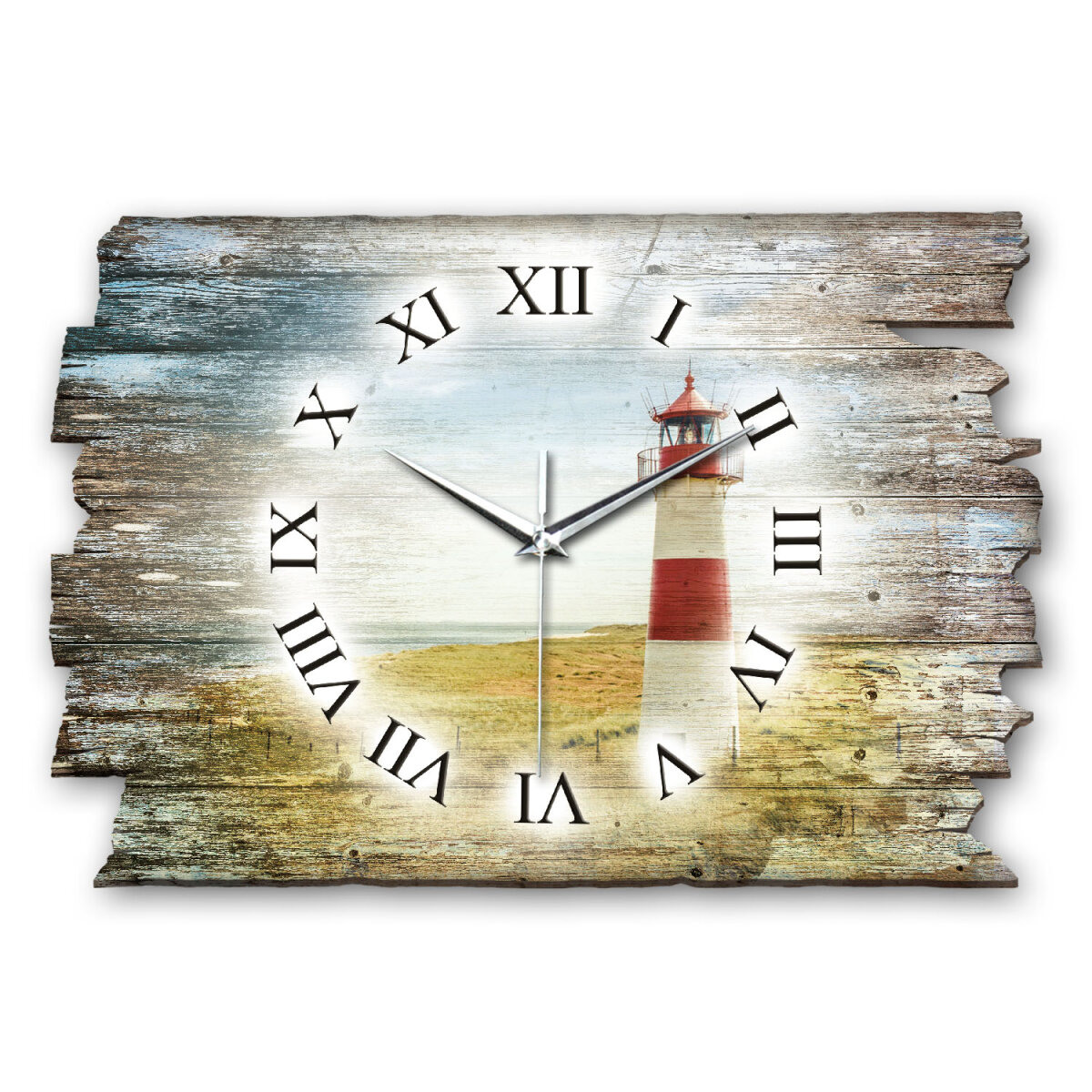 Leuchtturm am Strand Designer-Wanduhr aus Holz – leises Uhrwerk