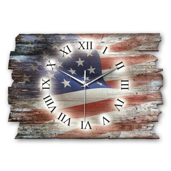 USA Flagge Designer-Wanduhr aus Holz – leises Uhrwerk