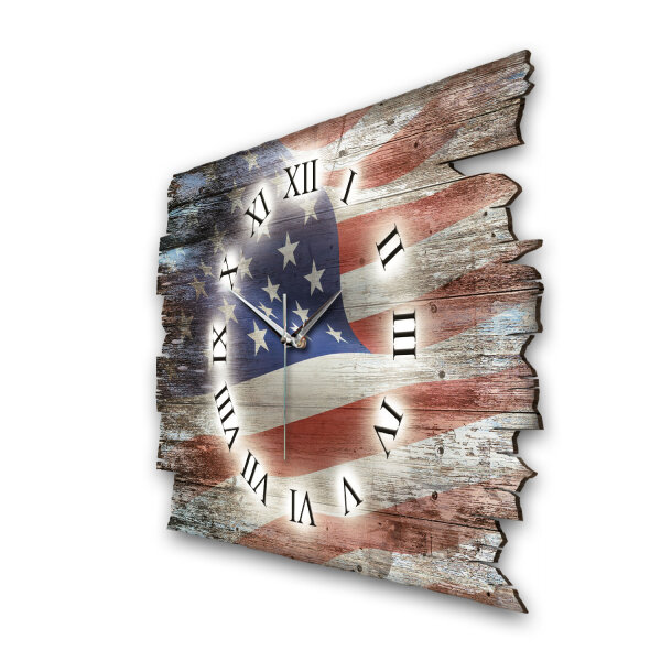 USA Flagge Designer-Wanduhr aus Holz – leises Uhrwerk