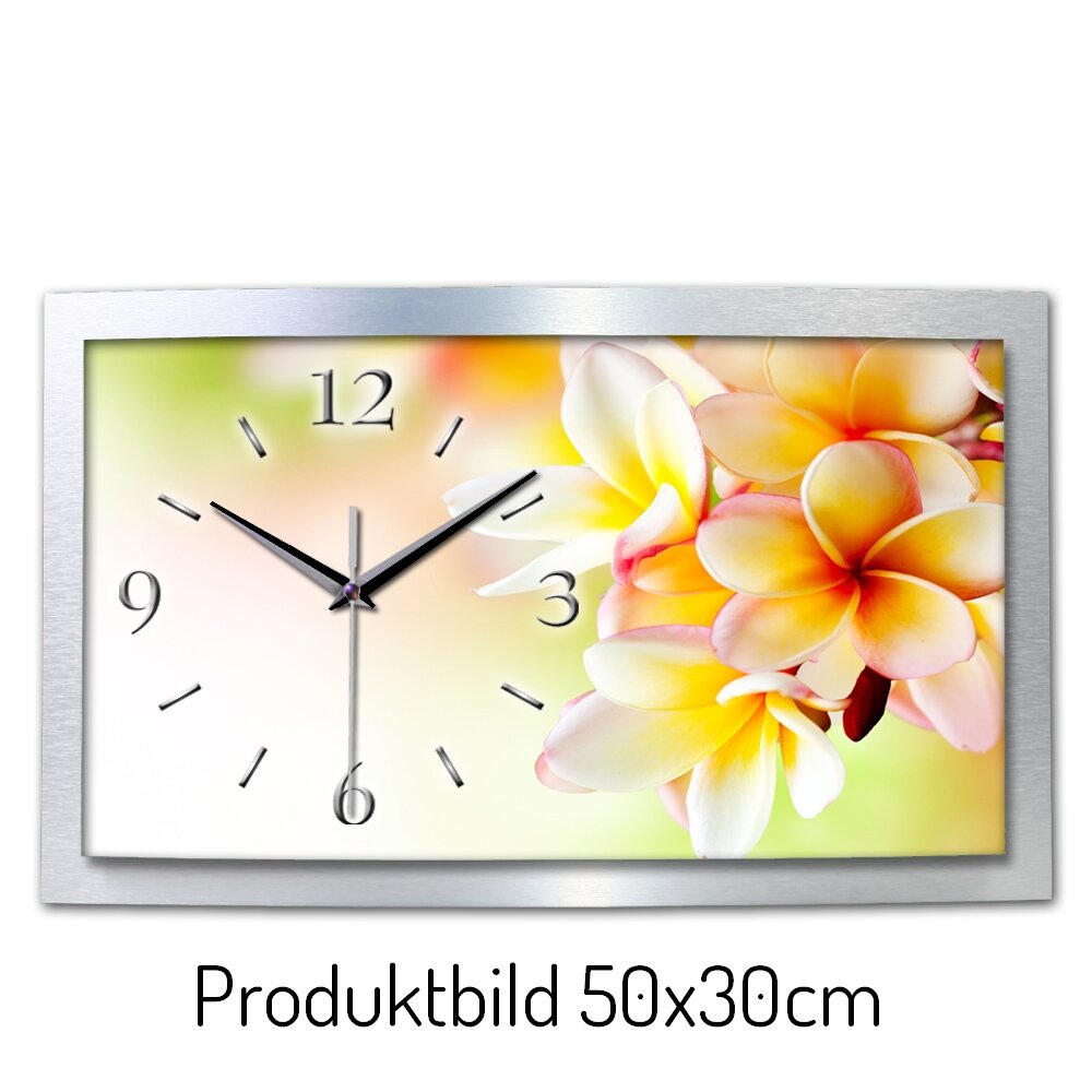 White-Flower – gewölbte 3D-Wanduhr mit silbernem Alu-Rahmen