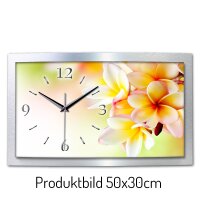 White-Flower – gewölbte 3D-Wanduhr mit silbernem Alu-Rahmen