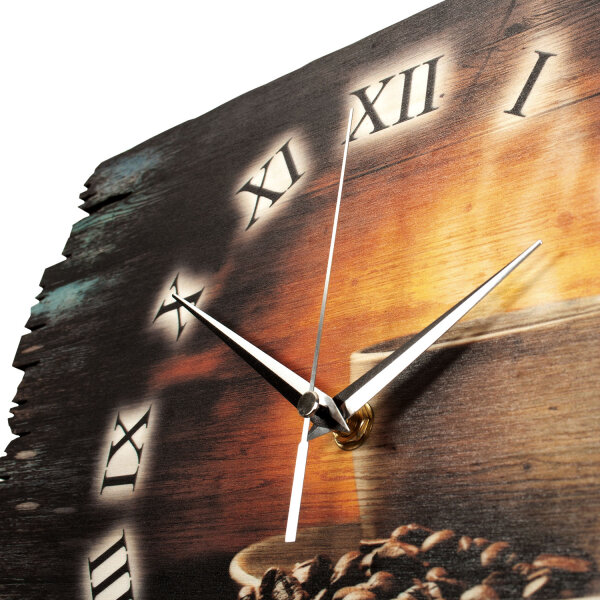 Kaffee & Bohnen Designer-Wanduhr aus Holz – leises Uhrwerk
