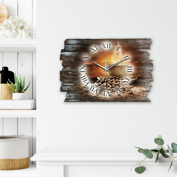 Kaffee & Bohnen Designer-Wanduhr aus Holz – leises Uhrwerk