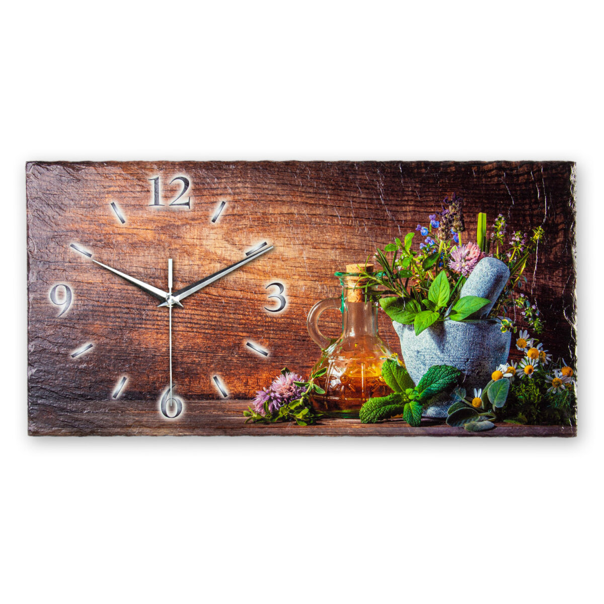 Kräutertee Design-Wanduhr aus Steinguss mit leisem Uhrwerk