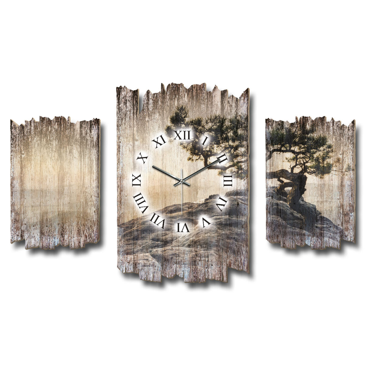 Einsamer Baum Shabby chic Dreiteilige Wanduhr aus MDF mit leisem Uhrwerk