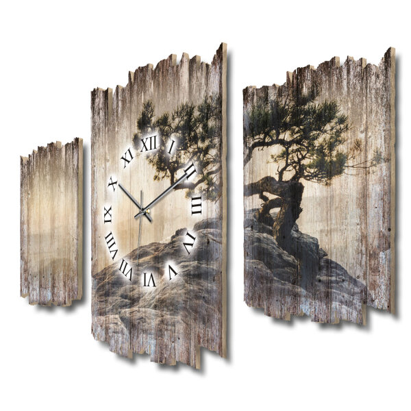 Einsamer Baum Shabby chic Dreiteilige Wanduhr aus MDF mit leisem Uhrwerk