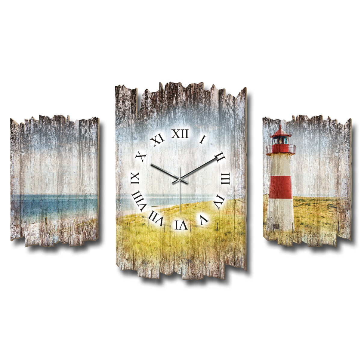 Leuchtturm Shabby chic Dreiteilige Wanduhr aus MDF mit leisem Uhrwerk