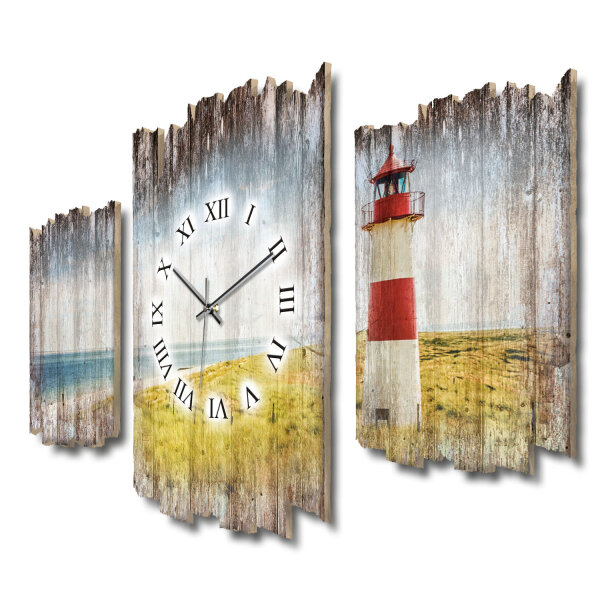 Leuchtturm Shabby chic Dreiteilige Wanduhr aus MDF mit leisem Uhrwerk