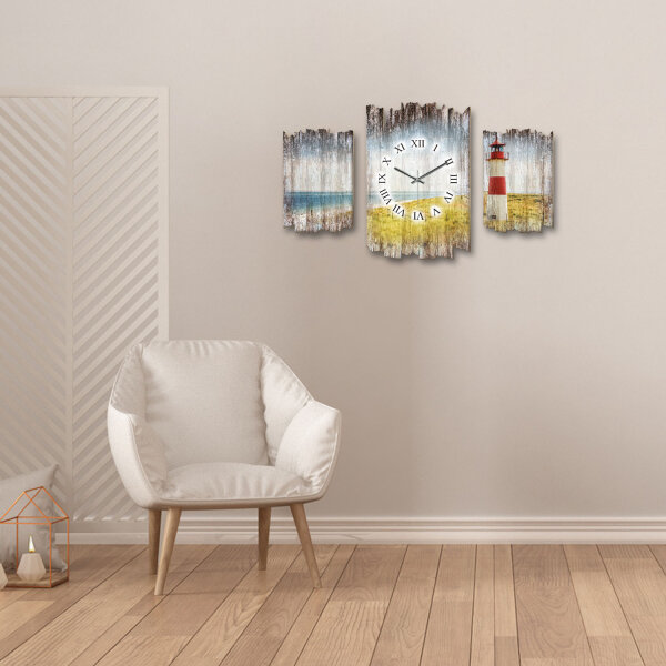 Leuchtturm Shabby chic Dreiteilige Wanduhr aus MDF mit leisem Uhrwerk