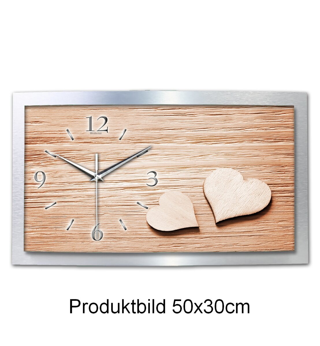 Holz Herzen – gewölbte 3D-Wanduhr mit silbernem Alu-Rahmen
