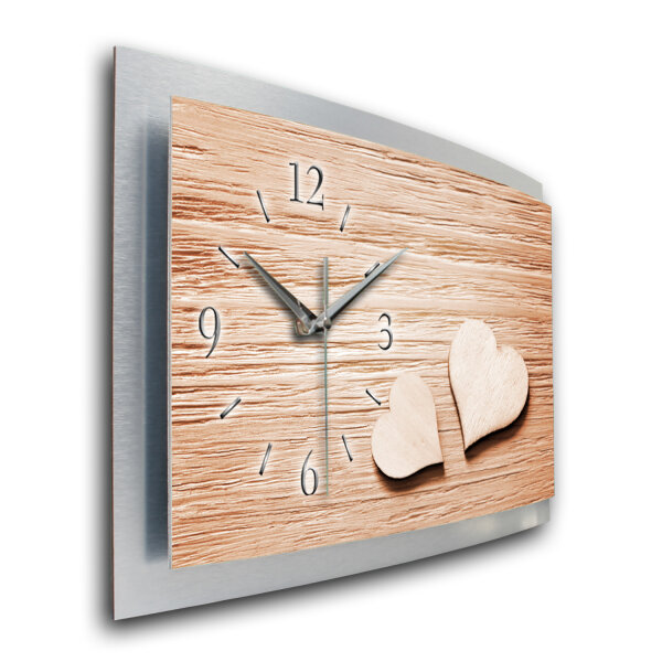 Holz Herzen – gewölbte 3D-Wanduhr mit silbernem Alu-Rahmen