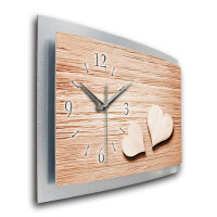 Holz Herzen – gewölbte 3D-Wanduhr mit silbernem Alu-Rahmen